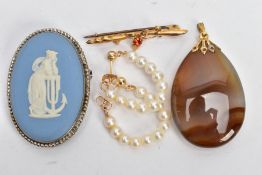 TWO BROOCHES, A PENDANT AND A PAIR OF EARRINGS, to include a blue and white wedgwood brooch of an