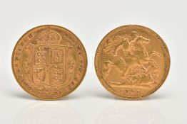 A PAIR OF GOLD HALF SOVEREIGN COINS, to include an 1892 Jubilee Sheild back and a veiled head