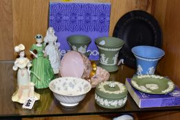A GROUP OF WEDGWOOD JASPERWARE, COALPORT FIGURINES AND OTHER CERAMICS, comprising a boxed black