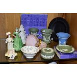 A GROUP OF WEDGWOOD JASPERWARE, COALPORT FIGURINES AND OTHER CERAMICS, comprising a boxed black