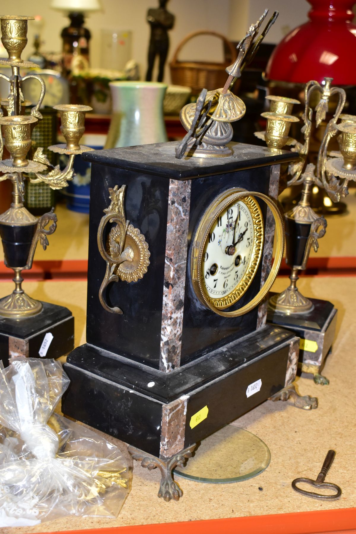 TWO SLATE AND MARBLE AND GILT METAL MANTLE CLOCKS, comprising a clock garniture signed Theophile Job - Image 11 of 15