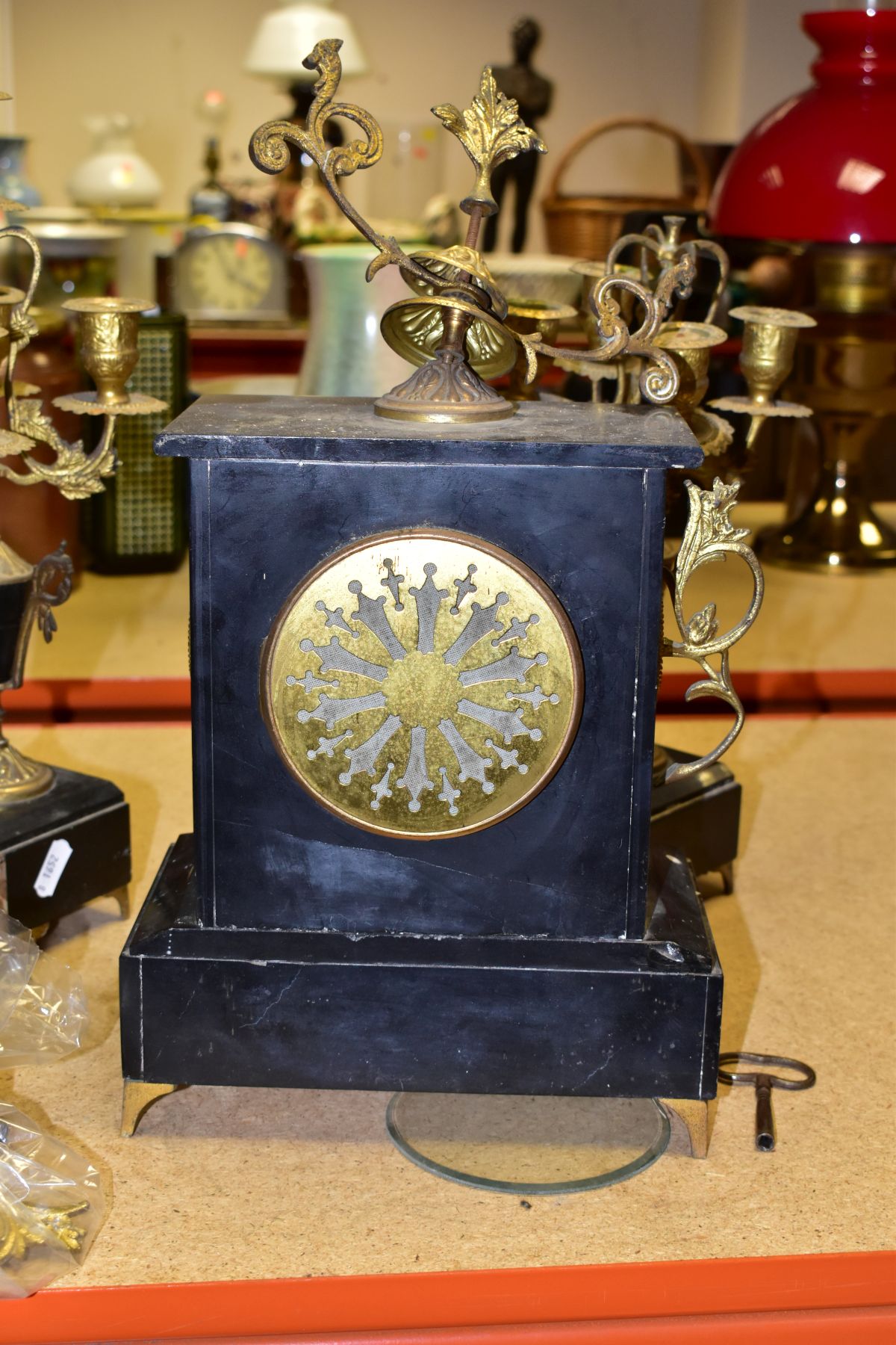 TWO SLATE AND MARBLE AND GILT METAL MANTLE CLOCKS, comprising a clock garniture signed Theophile Job - Image 12 of 15