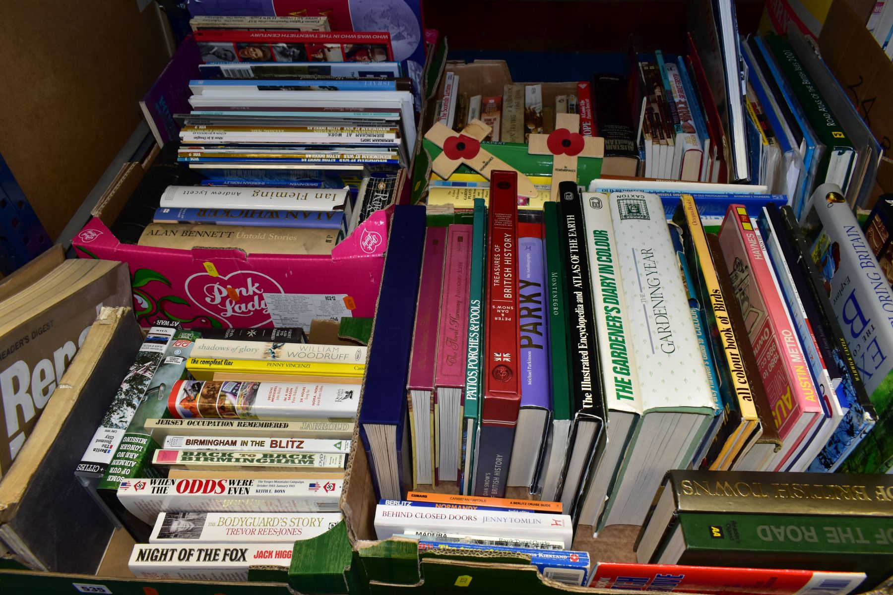 BOOKS, four boxes containing approximately 115 titles to include AA guides, history, gardening,