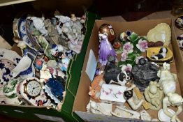 TWO BOXES OF FIGURINES AND OTHER CERAMIC WARES, to include a Masons Mandalay mantel clock (clock