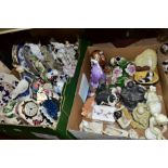 TWO BOXES OF FIGURINES AND OTHER CERAMIC WARES, to include a Masons Mandalay mantel clock (clock