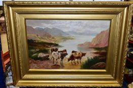 MANNER OF W P HOLLYER (1834-1922) HIGHLAND CATTLE WATERING IN A LOCHLAND LANDSCAPE, signed lower