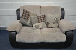 A BROWN LEATHER AND FABRIC MANUAL RECLINING TWO SEATER SOFA, length 165cm