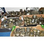 FIVE BOXES OF MOSTLY 20TH CENTURY PEWTER, includes tankards, trays, condiment items, candlesticks,