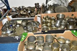 FIVE BOXES OF MOSTLY 20TH CENTURY PEWTER, includes tankards, trays, condiment items, candlesticks,