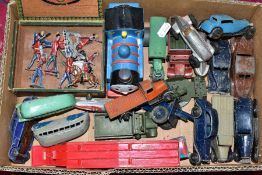 A BOX OF ASSORTED PLAYWORN DINKY TOY VEHICLES, majority are early post-war models, to include