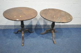TWO GEORGIAN MAHOGANY CIRCULAR TRIPOD TABLES, one table with a slatted top, largest table diameter