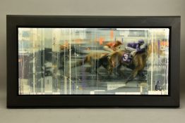 KRIS HARDY (BRITISH 1978) 'RACE HORSES IV', an abstract expressionist view of a horse race, signed