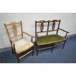 AN EDWARDIAN TWO PIECE PARLOUR SUITE, comprising a sofa and an armchair (condition:-chair seat