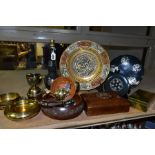 A COLLECTION OF INDIAN AND MIDDLE EASTERN METALWARE AND TREEN, ETC, comprising a brass charger