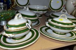 A FORTY PIECE ROYAL WORCESTER VITREOUS DINNER SERVICE, with green bands and gilt decoration,