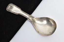 A MID-VICTORIAN SILVER CADDY SPOON, reeded fiddle pattern design with shell detailing, hallmarked '