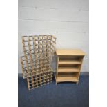 A BEECH OPEN BOOKCASE, width 66cm x depth 33cm x height 91cm, and three wine bottle rack (4)