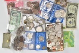 A SHOE BOX CONTAINING WORLD COINS, to include a Canada coin set with some silver coins, a packet