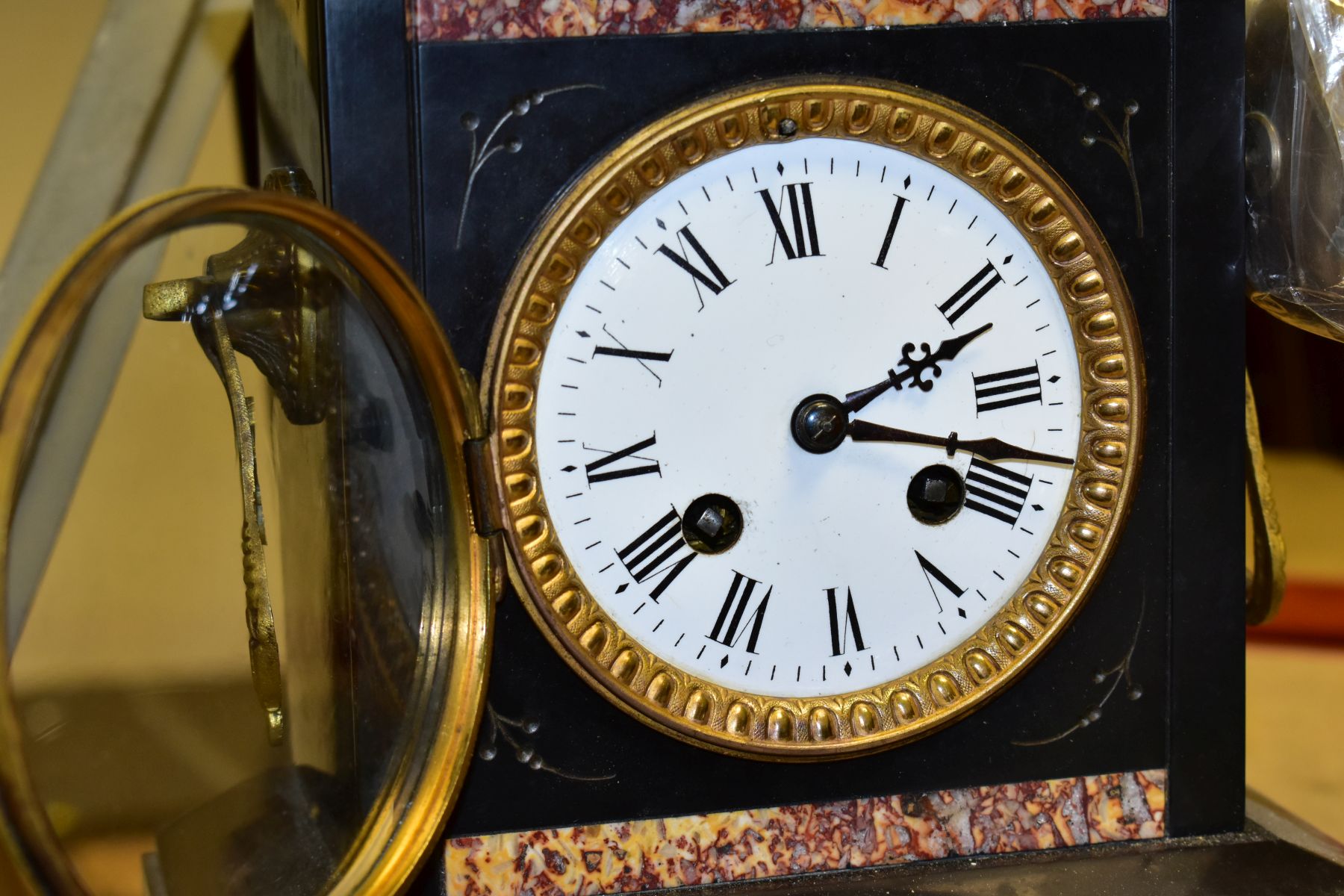 TWO SLATE AND MARBLE AND GILT METAL MANTLE CLOCKS, comprising a clock garniture signed Theophile Job - Image 7 of 15