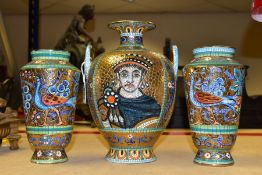 THREE TWENTIETH CENTURY DERUTA ITALIAN MAIOLICA VASES, with gilded and coloured faux mosaic style