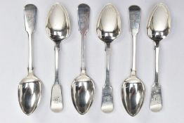 A SET OF SIX SILVER TEASPOONS, six matching old English fiddle pattern teaspoons all engraved with