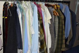 ASSORTED MEN'S SHIRTS, JACKETS, TROUSERS, TIES, COAT, SUIT AND BELTS, to include thirty shirts,