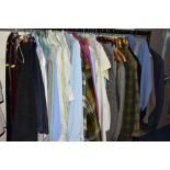 ASSORTED MEN'S SHIRTS, JACKETS, TROUSERS, TIES, COAT, SUIT AND BELTS, to include thirty shirts,