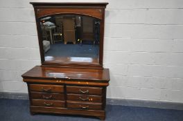 A REPRODUCTION FRENCH HARDWOOD MIRRORBACK SIDEBOARD/CHEST OF EIGHT DRAWERS, on shaped bracket
