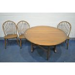 AN ERCOL GATE LEG TABLE, open length 140cm x closed length 22cm x depth 128cm x height 72cm, and