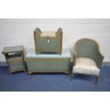 FOUR VARIOUS PIECES OF LLOYD LOOM STYLE GREEN WICKER BEDROOM FUNITURE, to include a basket chair,