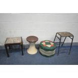 A MID-CENTURY TAM TAM STYLE PLASTIC STOOL, along with a metal stool, circular leatherette stool (