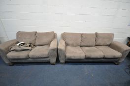 A LIGHT BROWN SUADE UPHOLSTERED TWO PIECE SUITE, comprising a three seater settee, and a two