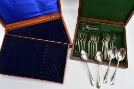 A CANTEEN OF CUTLERY AND EMPTY CANTEEN BOX, two wooden canteens one complete with plated table forks