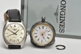 A GENTLEMENS 'LONGINES' WRISTWATCH AND A LADYS OPEN FACE POCKET WATCH, round silver dial signed '