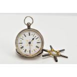 A LADYS OPEN FACE POCKET WATCH, round white dial with gold detailing, Roman numerals, blue hands,