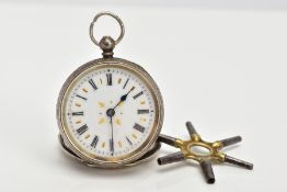 A LADYS OPEN FACE POCKET WATCH, round white dial with gold detailing, Roman numerals, blue hands,