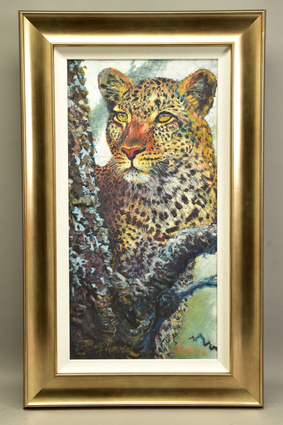ROLF HARRIS (AUSTRALIAN 1930) 'ALERT FOR PREY' a signed limited edition print of a leopard 119/