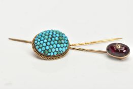 TWO LATE VICTORIAN GEM STICKPINS, one pin set with a red oval cabochon stone assessed as garnet,