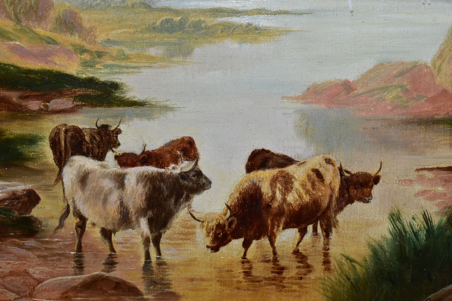 MANNER OF W P HOLLYER (1834-1922) HIGHLAND CATTLE WATERING IN A LOCHLAND LANDSCAPE, signed lower - Image 3 of 7