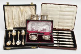 A SELECTION OF SILVER ITEMS, to include a cased set of two concave circular napkin rings, with an