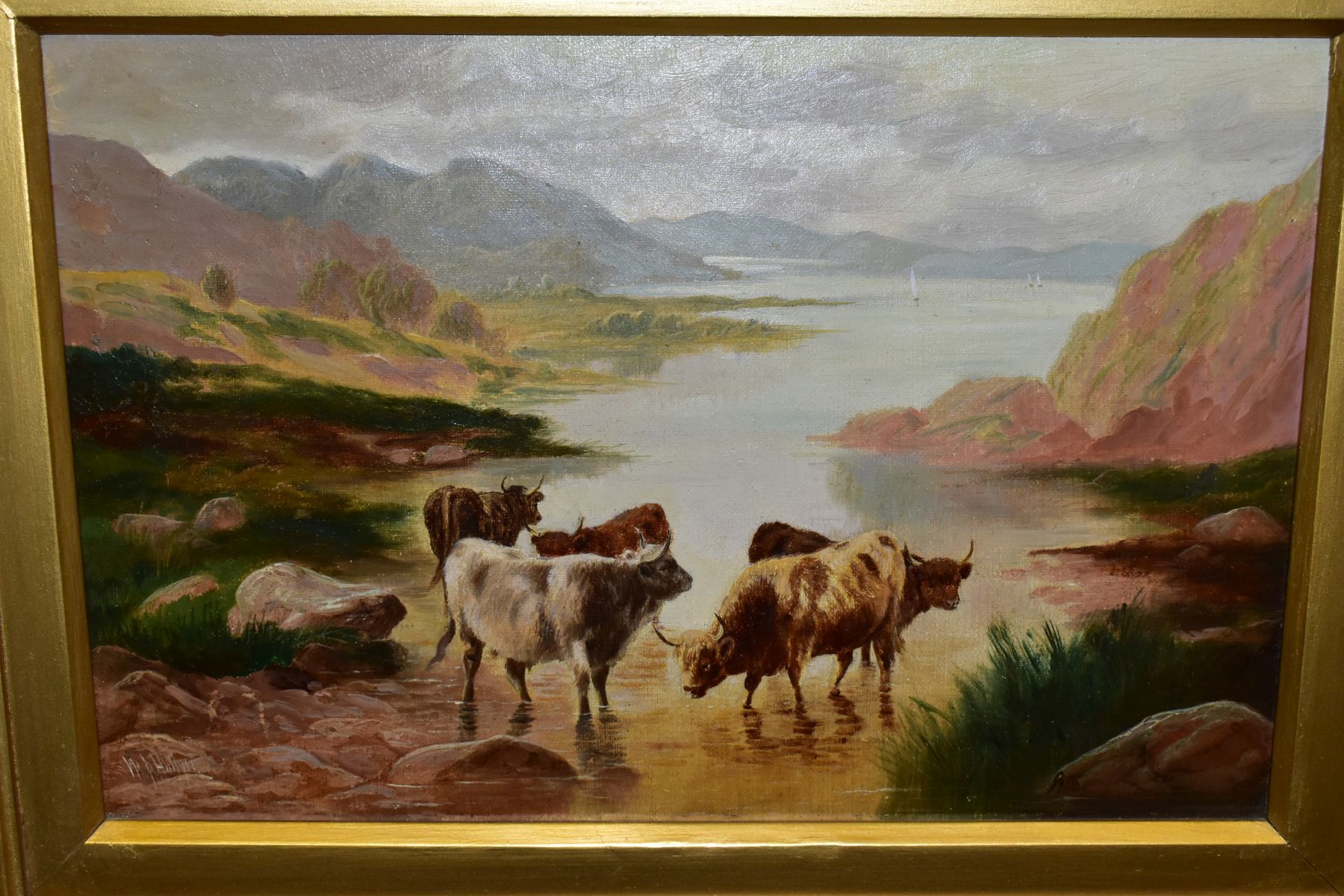 MANNER OF W P HOLLYER (1834-1922) HIGHLAND CATTLE WATERING IN A LOCHLAND LANDSCAPE, signed lower - Image 2 of 7