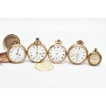 FOUR GOLD-PLATED POCKET WATCHES AND A FULL HUNTER CASE, some with missing parts, non-running with