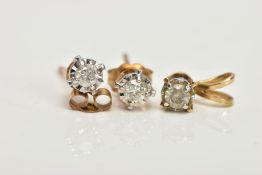 A PAIR OF YELLOW METAL DIAMOND STUD EARRINGS AND A MATCHING PENDANT, each earring designed with an
