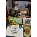 THREE BOXES AND LOOSE CERAMICS, METALWARE, GLASS, PICTURES, ETC, including Portmeirion planter,