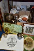 THREE BOXES AND LOOSE CERAMICS, METALWARE, GLASS, PICTURES, ETC, including Portmeirion planter,