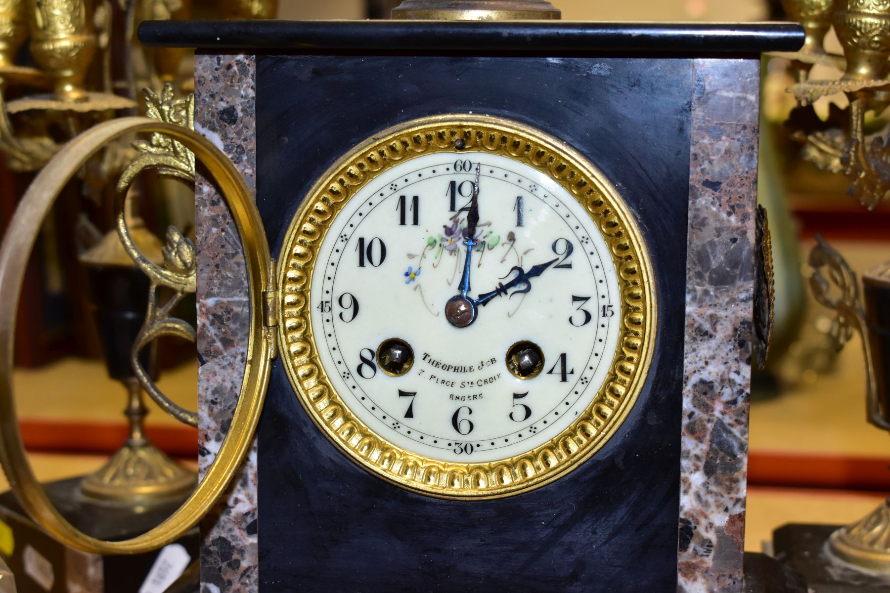 TWO SLATE AND MARBLE AND GILT METAL MANTLE CLOCKS, comprising a clock garniture signed Theophile Job - Image 10 of 15