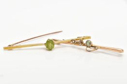 TWO EARLY 20TH CENTURY BAR BROOCHES, one tapered bar brooch set with a single oval cut peridot,
