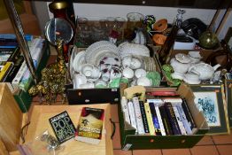 SIX BOXES AND LOOSE CERAMICS, BOOKS, GLASS, KITCHENALIA, PRINTS AND COSTUME JEWELLERY, including a