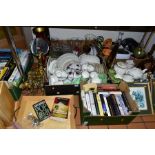 SIX BOXES AND LOOSE CERAMICS, BOOKS, GLASS, KITCHENALIA, PRINTS AND COSTUME JEWELLERY, including a