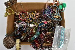 A BOX OF ASSORTED COSTUME JEWELLERY, with pieces to include beaded necklaces, bracelets, earrings,